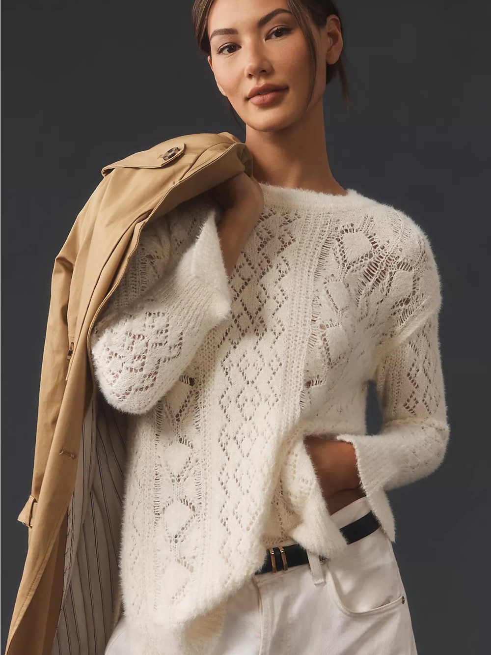 Pilcro for Anthropologie Cream Distress Stitch Longline Side Slit Sweater sz L - Picture 2 of 15